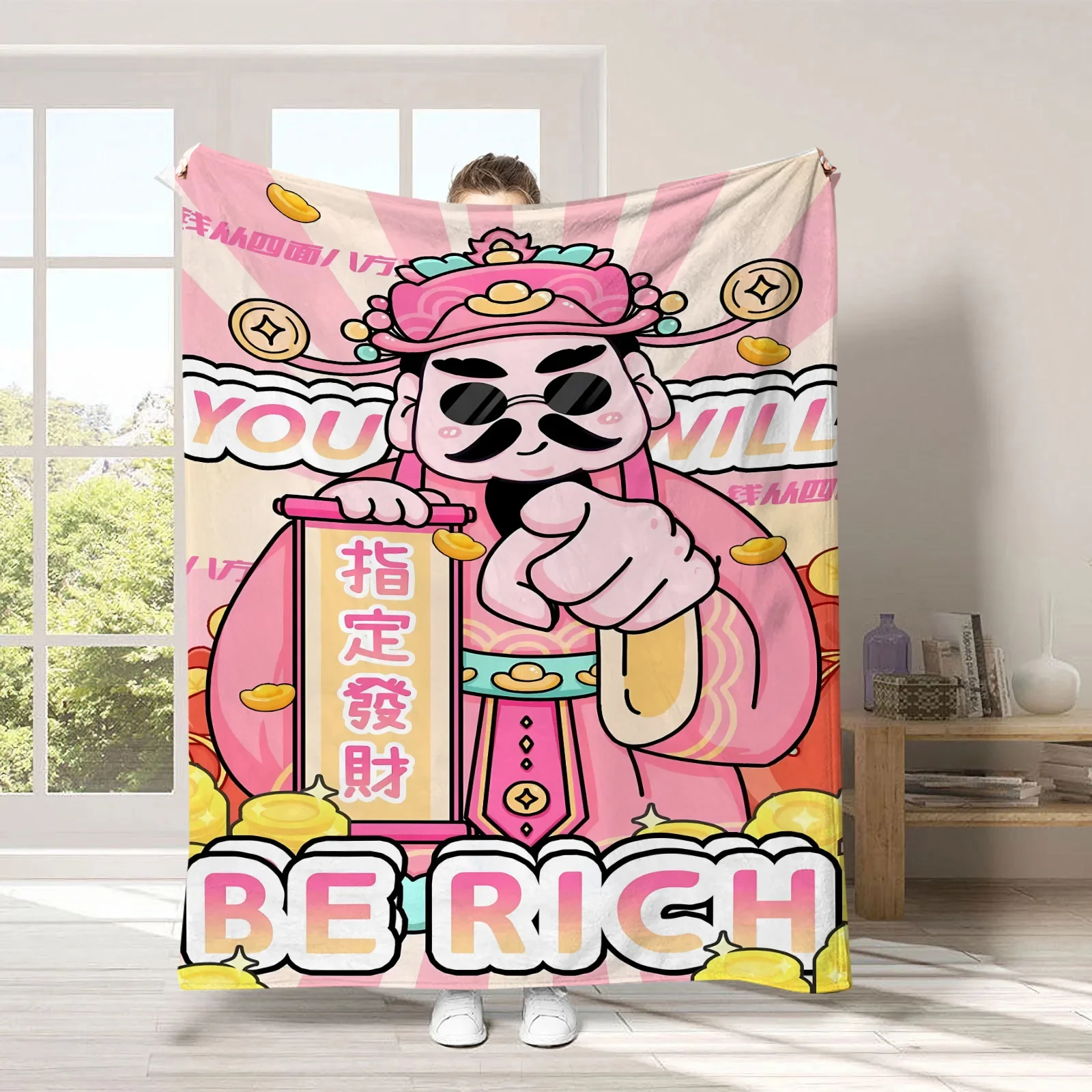 God of Wealth Theme digital-printed polyester Bedroom velvet flannel soft sofa cover blanket Fleece soft sofa cover blankets