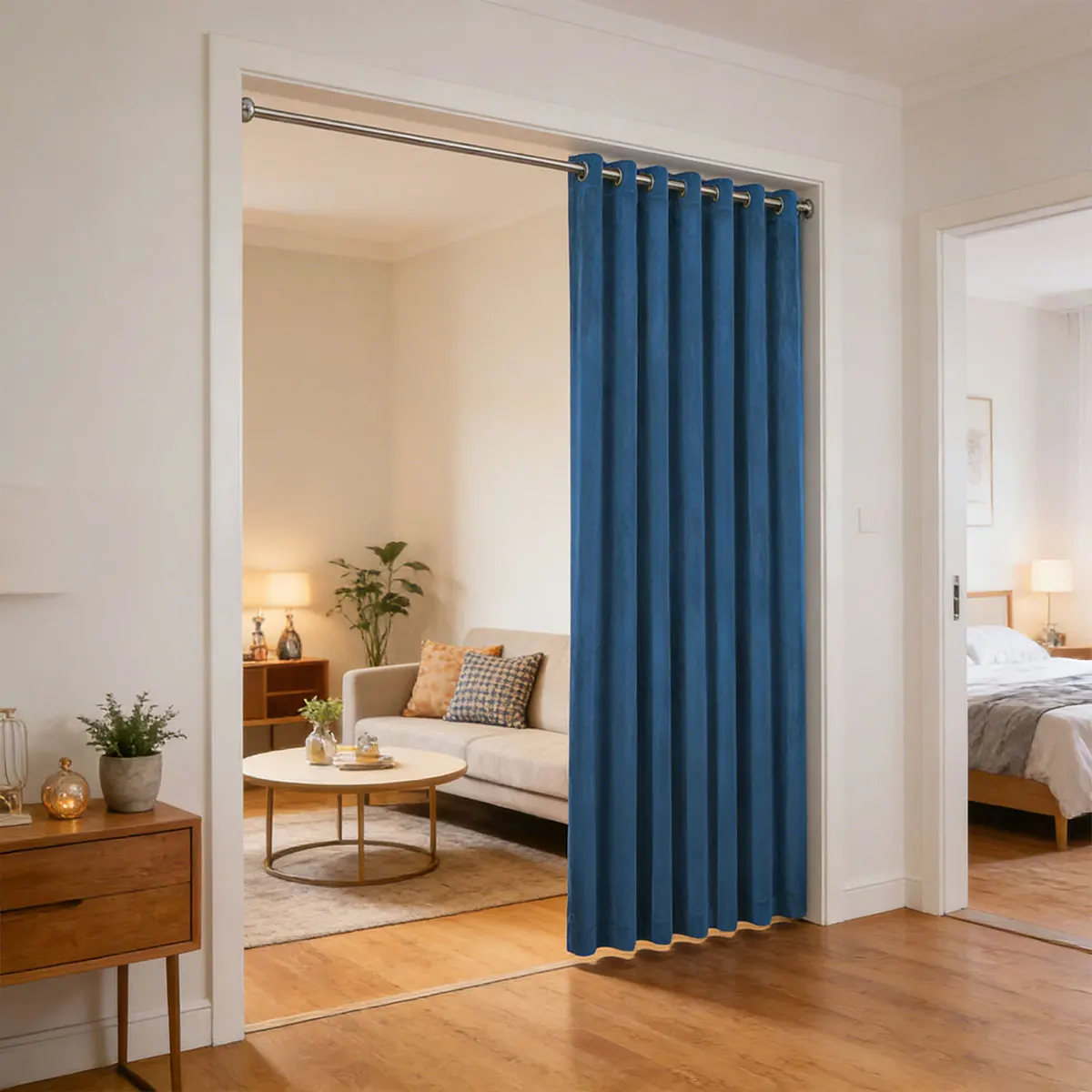 Sapphire Blue Velvet Grommet Divider Curtain, Thick Solid Partition Drape for Minimalist Bedroom Living Room Decor