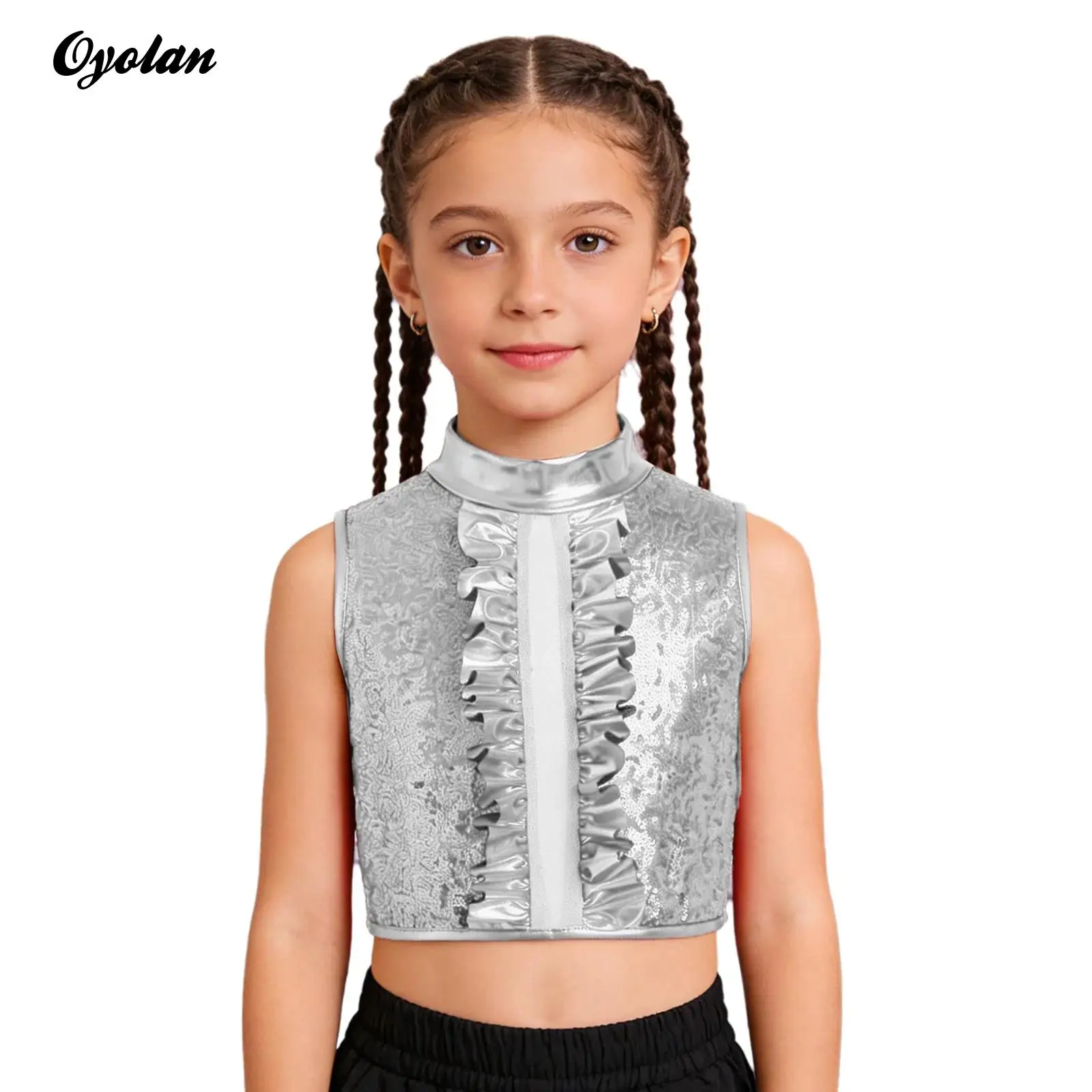 

Kids Girls Sparkling Sequin Metallic Hip Hop Jazz Dance Performance Costume Top Back Invisible Zipper Ruffles Crop Vest Tops
