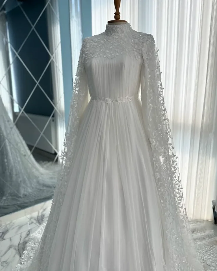 Robe de mariée Caftan musulmane turquie, avec Cape, col haut, dentelle florale, manches longues plissées, tenue de princesse personnalisée