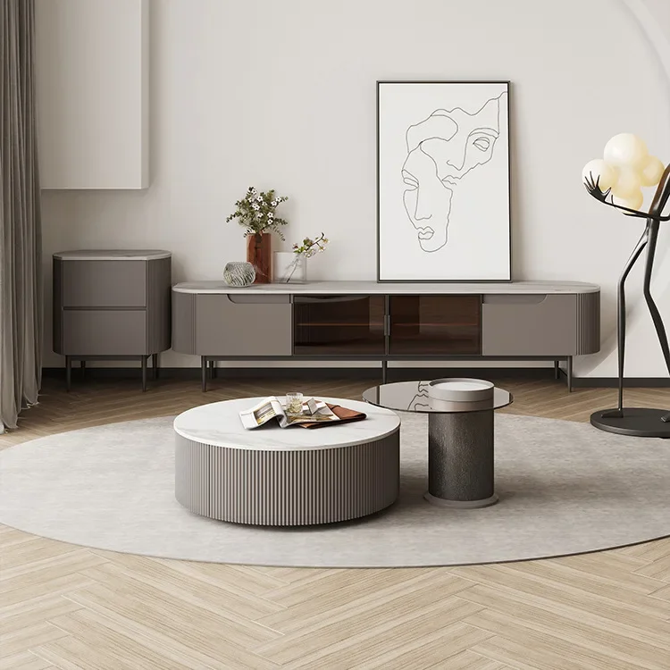 ATUNUS Italian Living Room Furniture Nordic Minimalist Marble Slate Top Modern Round Coffee Table Set With Wooden Drawers