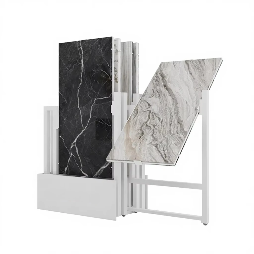 &c Customize Foldable Pull-Out Silence Sliding Metal  Rotating Sample Stone Slab Marble Ceramic Tile Display Rack Stand