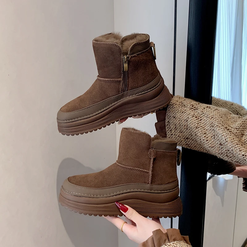 

Platform Cotton Shoes Winter New Round Toe Side Zipper Platform Anti-Slide Heel Short Snow Boots
