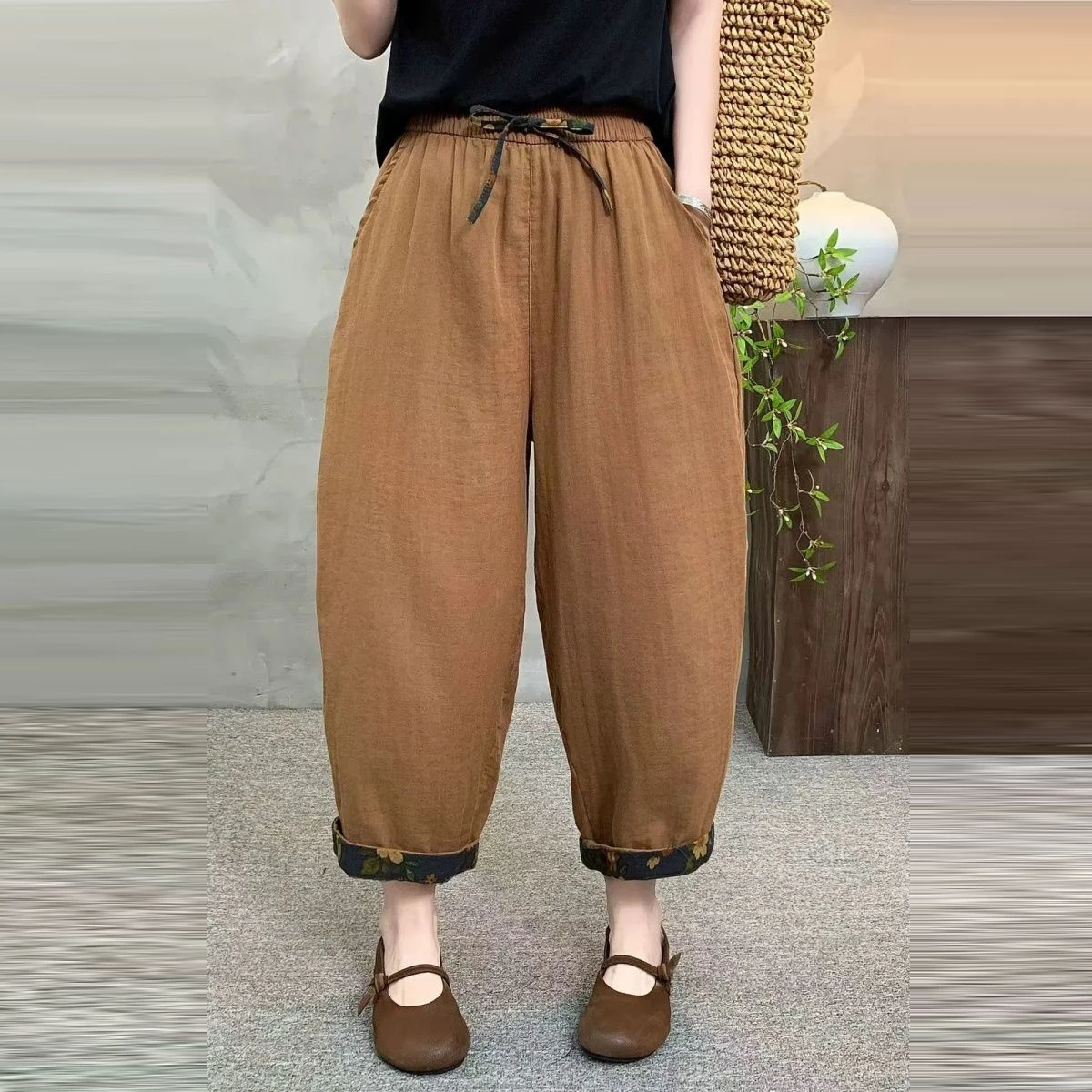 

plus Size Women's Casual Cotton Linen Harlan Pants Dad Jeans Wide Leg Pants Summer New Style Artistic Commute Style Pants