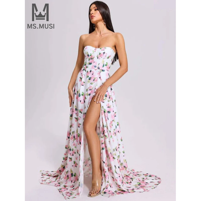 

MSMUSI 2025 новое модное женское сексуальное платье без бретелек с цветочным принтом без рукавов на шнуровке с открытой спиной, облегающее вечернее клубное платье макси, длинное платье