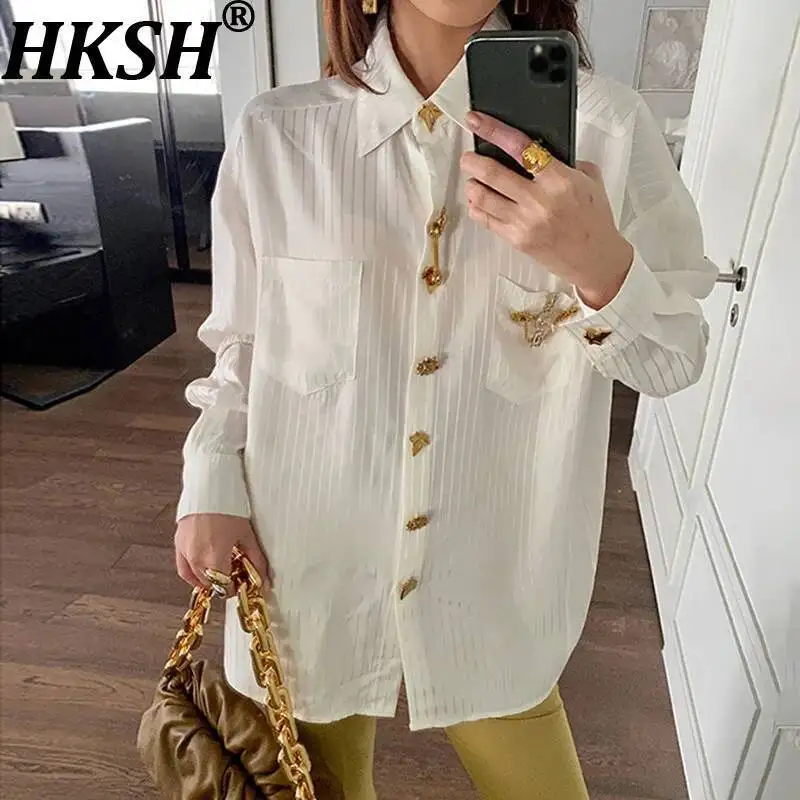 

HKSH Autumn New Women Vintage High Street Stylish Striped Metal Button Turn-down Collar Long Sleeved Elegant Casual Shirt HK8298