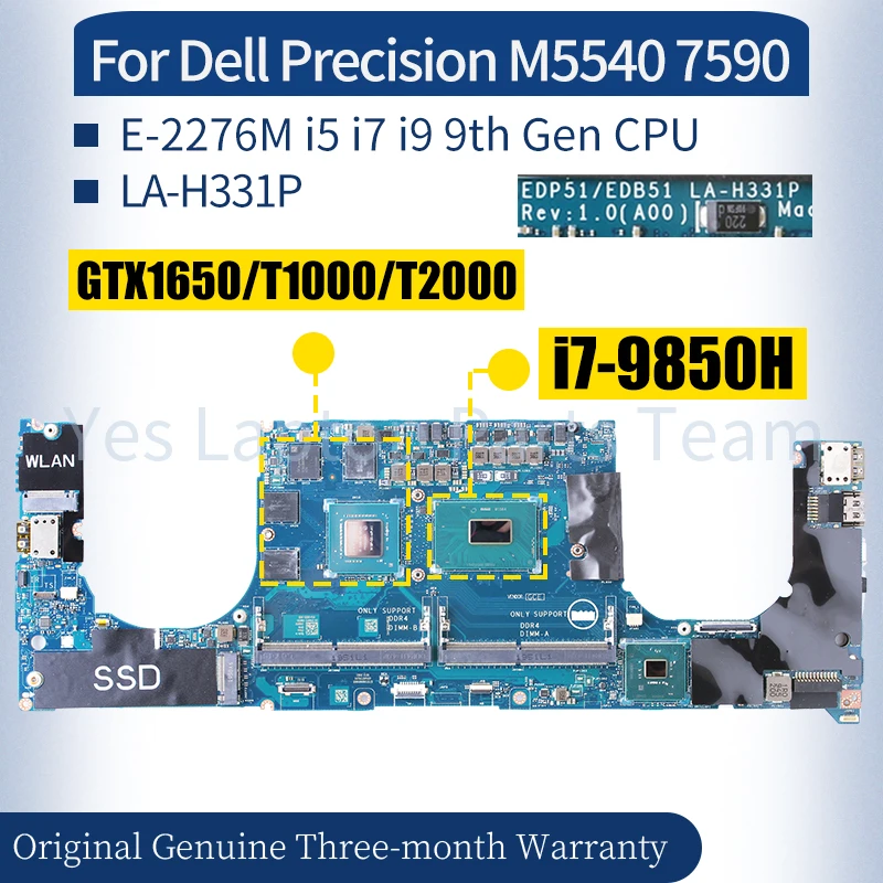 LA-H331P For Dell Precision M5540 7590 Laptop Mainboard 0DJD5G 0HCR3F 0KN98V 0NFK19 0GCN0K E-2276M i5 i7 i9 9th Gen Motherboard