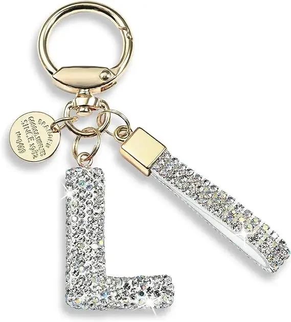 White Initial Letter Keychain Gift for Women Girls ，L O V E Bling Sparkly Cute Backpack Car Key Accessories Lanyard,1PCS