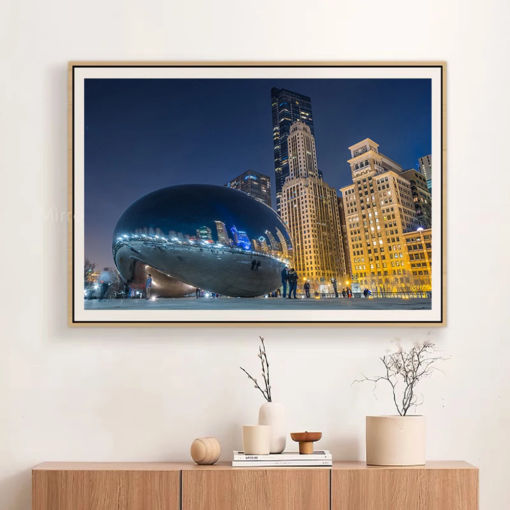 YJ006 Cloud Gate Gorgeous City Nightscape Famous Building Silk Fabric Poster Wall Art Decor Fashion Gift