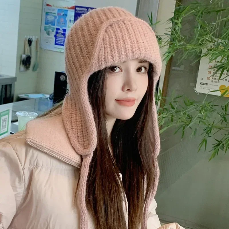ファッション耳保護ニット帽子冬暖かい防寒フライングキャップ無地ウールかぎ針編みボンネット韓国女性ウールビーニー