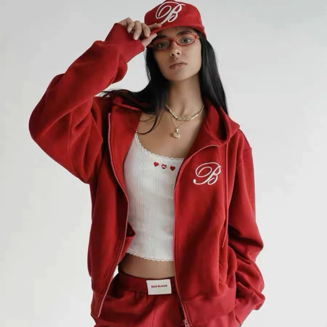 Korean Badblood Couples Casual All Match Zip-up Pullover with Initials Little Heart Embroidery Loose Fitting Sweatshirt Unisex