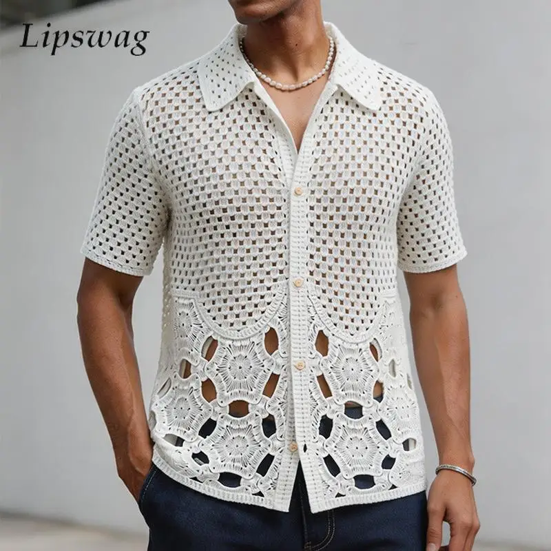 Leisure Mens Hollow Out Knit Shirts Vintage Solid Color See Through Knitting Cardigan Men Summer Casual Short Sleeve Shirt