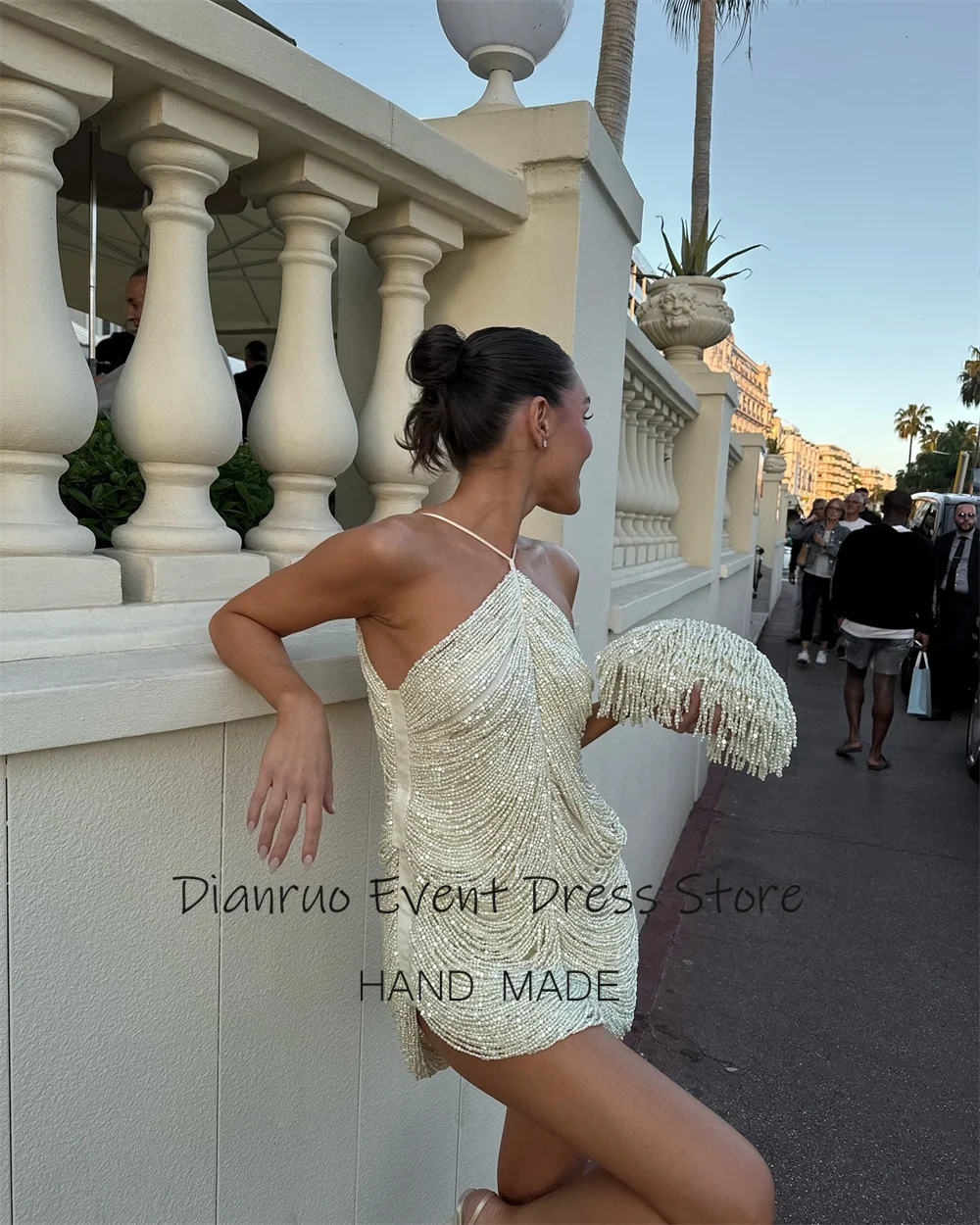 Dianruo Halter Neck Sparkling Beaded Prom Dresses Luxurious A Line Cocktail Dresses Mini Sleeveless Party Dresses Customized