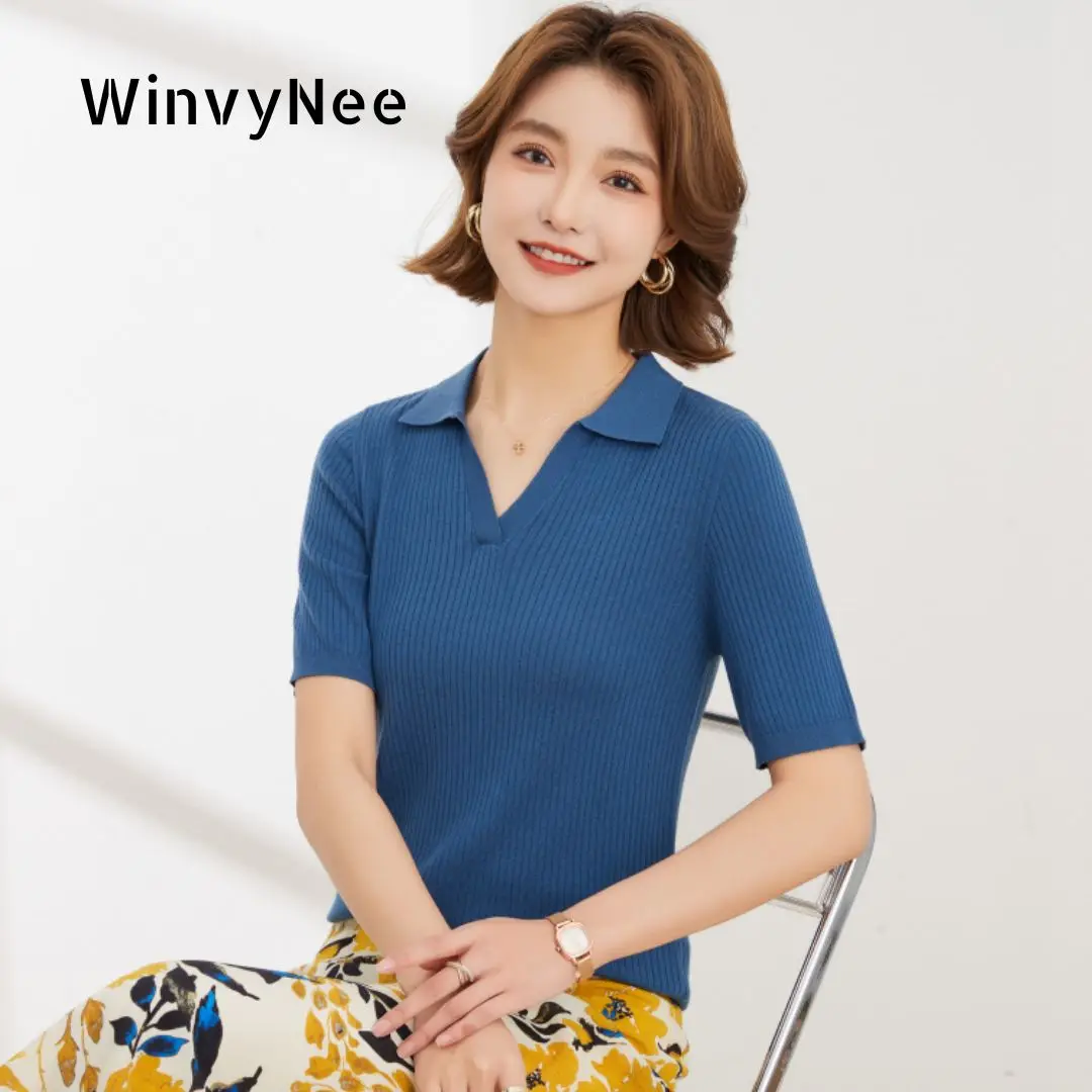 

WinvyNee Women's Wool Sweater Short Sleeve Polo V neck Summer Sweaters Solid Pullover Knitwear Basic Female Tops Autumn A1013002