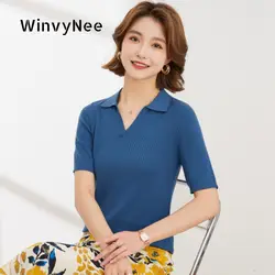 WinvyNee Women's Wool Sweater Short Sleeve Polo V neck Summer Sweaters Solid Pullover Knitwear Basic Female Tops Autumn A1013002