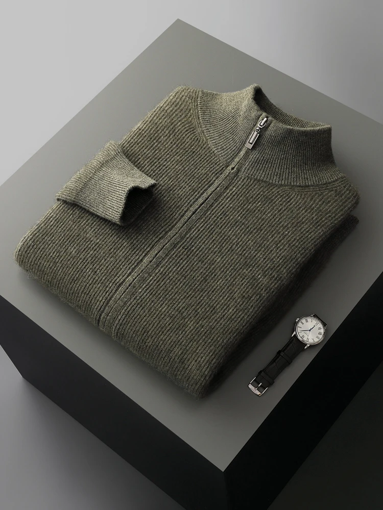 

Chic Mock Neck 100% Cashmere Sweater Luxury Men's Zipper Knitted Cardigan Soft Thick Casual Coat Autumn Winter Cashmere New Tops