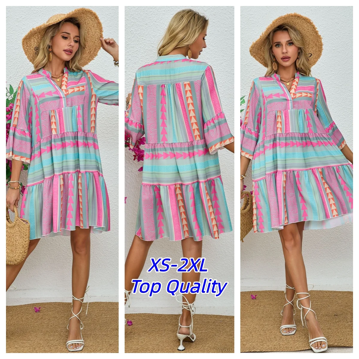 Women Dresses V Neck Three Quarter Sleeve Pullover Dress Print Floral Vestidos Knee Length Loose Fit Casual 2026 Summer Fall