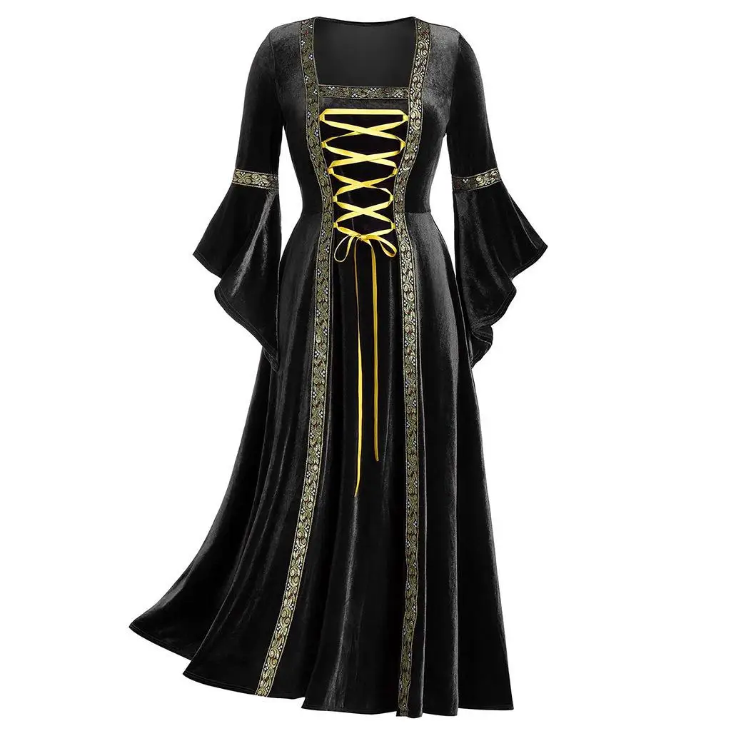 

Golden Velvet Long Sleeve Belted Halloween Dress Stage Costume Traditional Chinese Women's Clothing Ethnic Fashion Autumn
