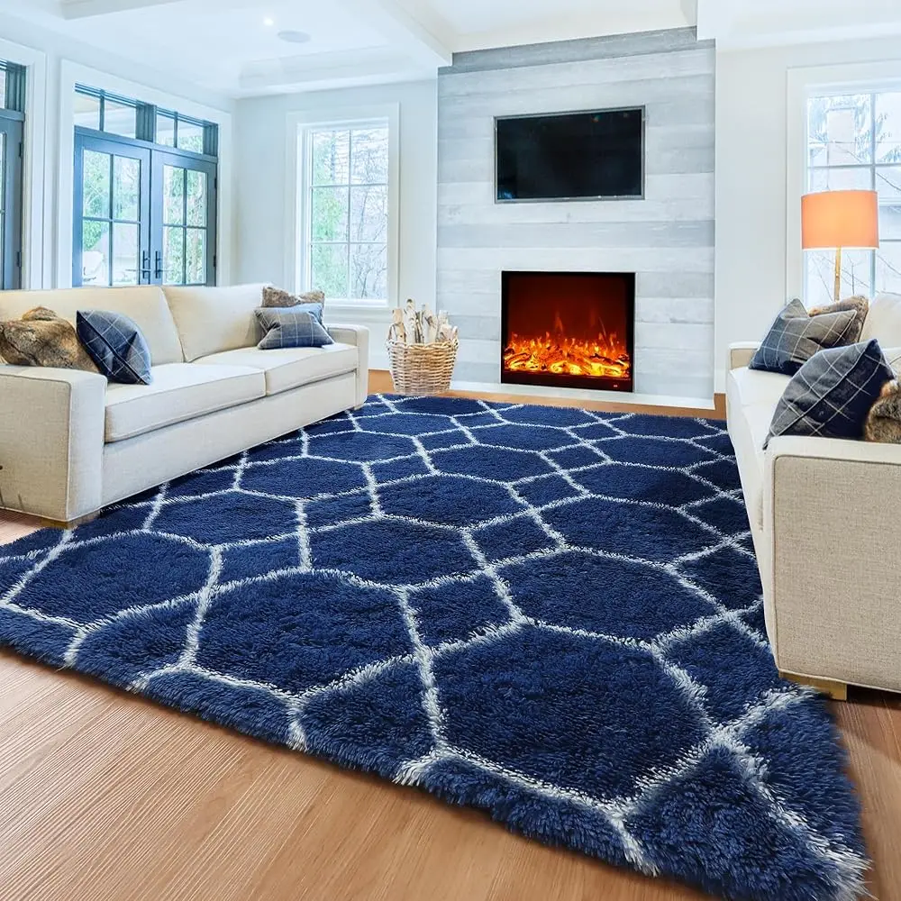 

Geometric Area Rugs 5X8 For Living Room, Fluffy Moroccan Navy And White Rug For Boys Bedroom Home Decor Aesthetic, Soft Shaggy