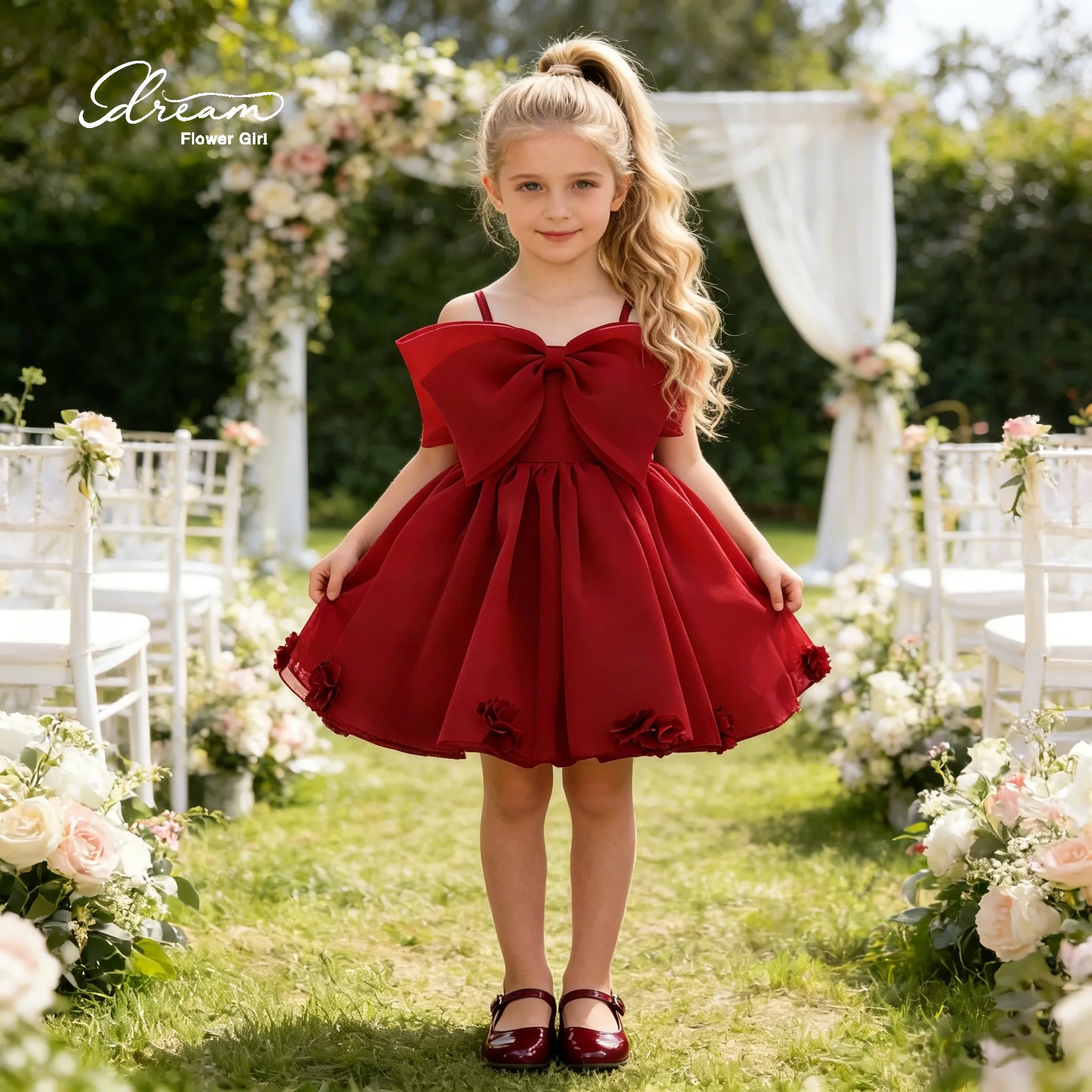 Cute wine-red strapless bow spaghetti-strap short bubble evening dress