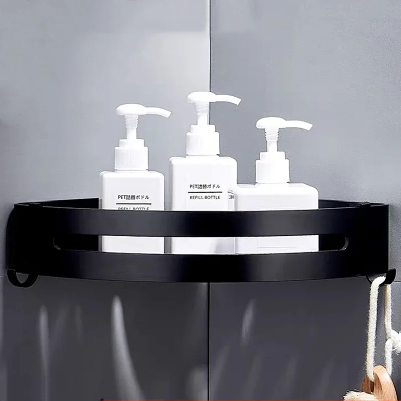 Black/Silver Aluminum Bathroom Triangle Shelf Corner Kitchen Storage Rack with Hook Shampoo Drain Basket Holder Hardware