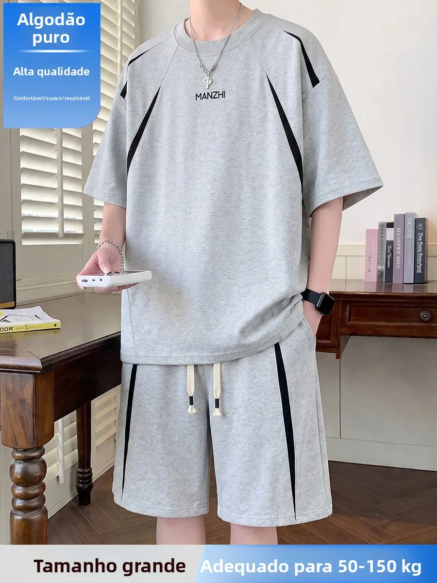 Conjunto de camiseta e shorts de algodão fino para homens, roupa esportiva casual de manga curta, ajuste solto, tamanho grand...