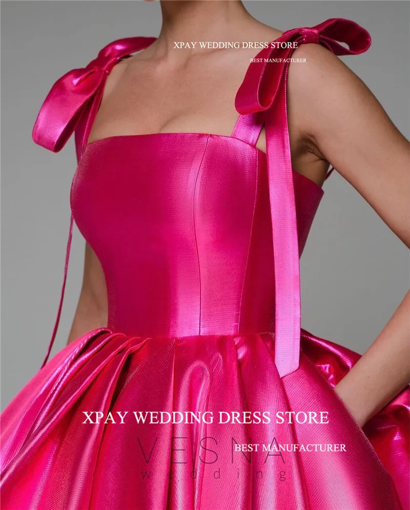 XPAY Shiny Pink Think Satin Short Prom Party Dresses For Wedding Party Straps Puff Mini Sexy Cocktail Dress Corset Back Gown