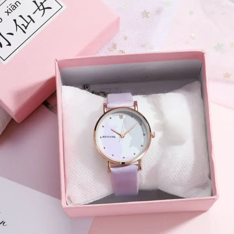 Cute Cartoon Cat Women Watch Students Korean Style Simple Belt Quartz Women Watch Leather Strap No Bracelet or Box Relogio Mujer