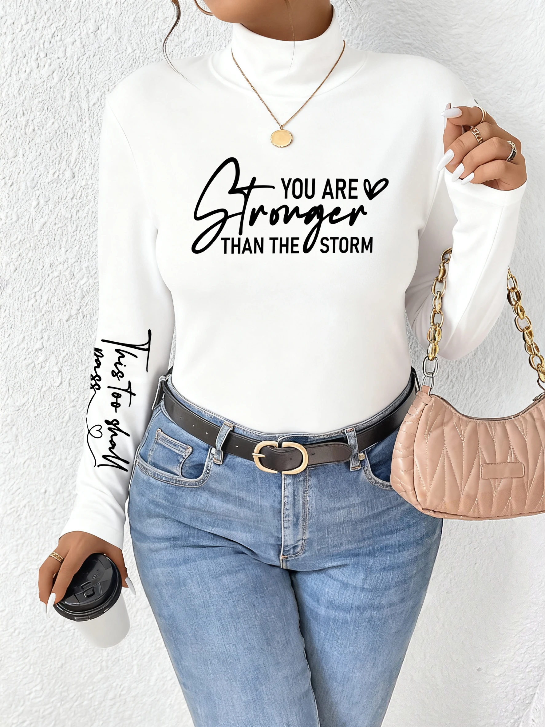 

Женские теплые пуловеры с принтом Stronger Than The Storm, универсальная повседневная футболка с длинными рукавами и базовым слоем, осенняя спортивная одежда