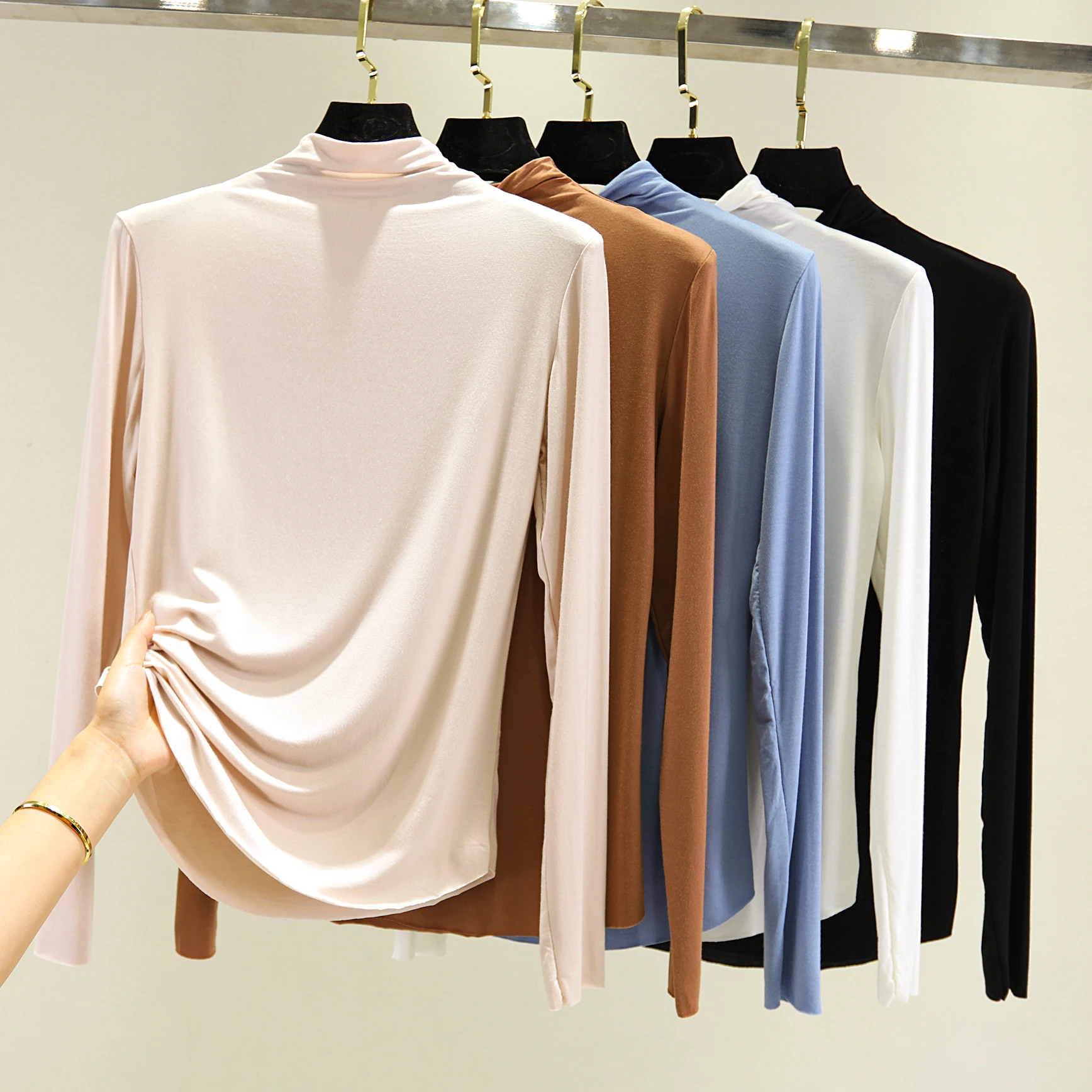 

Женская футболка Slim Fit Base irt f с высоким воротником из модала, тонкая длинная футболка све, модная, всесезонная, для поездок на работу, стандартная длина