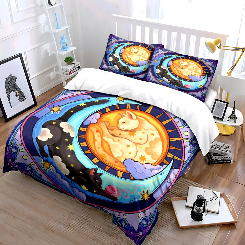 

Sun Moon Cat Decor Set Soft Skin-Friendly Bedding Set Includes 1 Duvet Cover And 2 Pillowcase, Gift