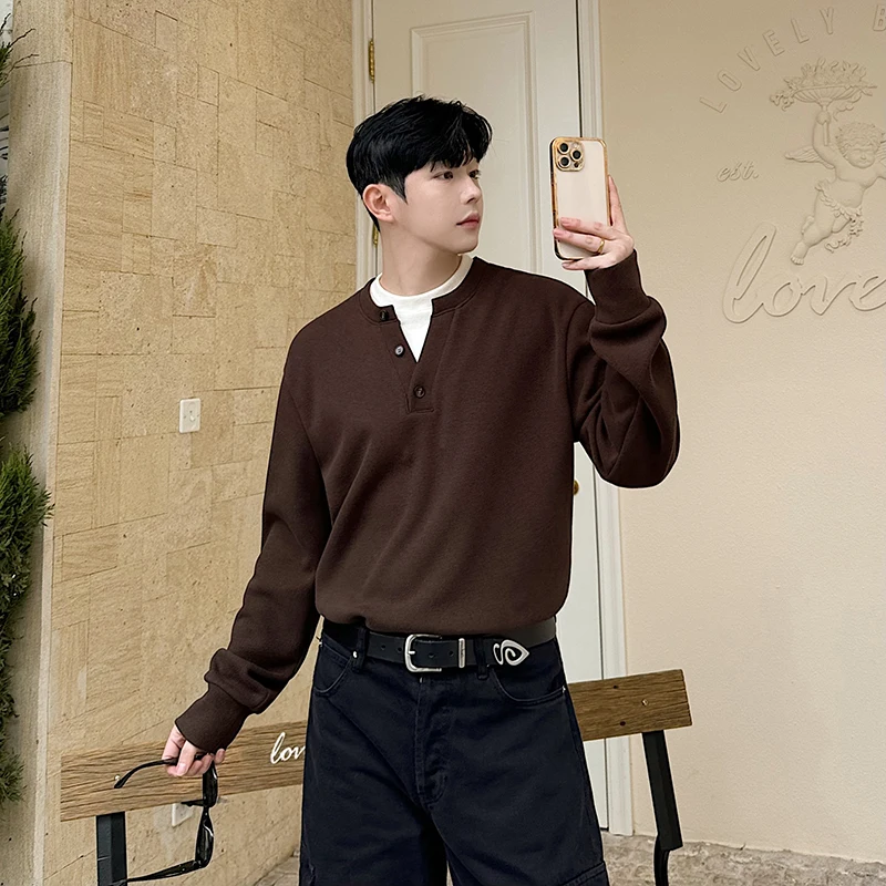 

American Retro Knitted Sweater Men's Autumn Winter Faion Brand Mélange Brown Henry Collar Base Layer Hoodie Youth ular L...