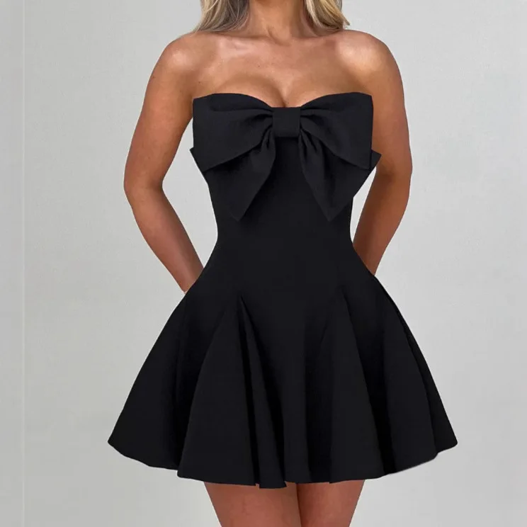 

New Tube Top Bow Short Skirt Women's Solid Color Dress