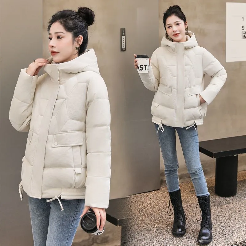 Korean Women Down Cotton Jacket 2023 Winter New Fashion Hooded Padded Outwear Pocket Casual Warm Coat Female Loose Clothes W066