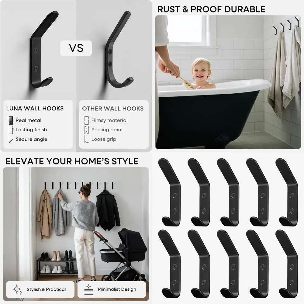 

10-Pack Black Metal Wall Hook Rack for Coats, Hats, and Hanging Accessories