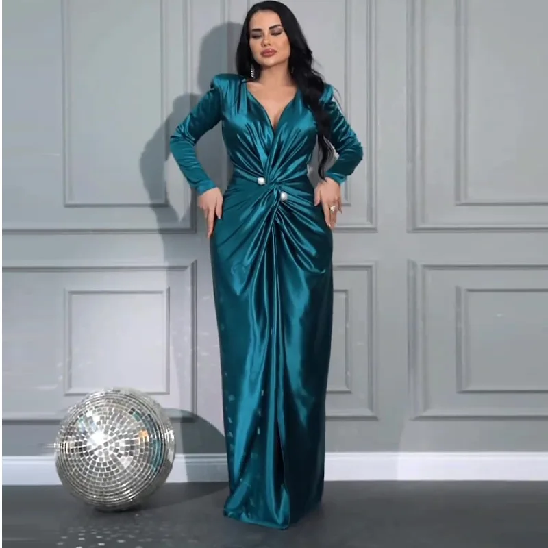 

Woman Dresses Fashion Light Mature V-Neck Pleated Waist Cinched Evening Gown Lady Luxury Long Sleeved Elegant Party Dresses