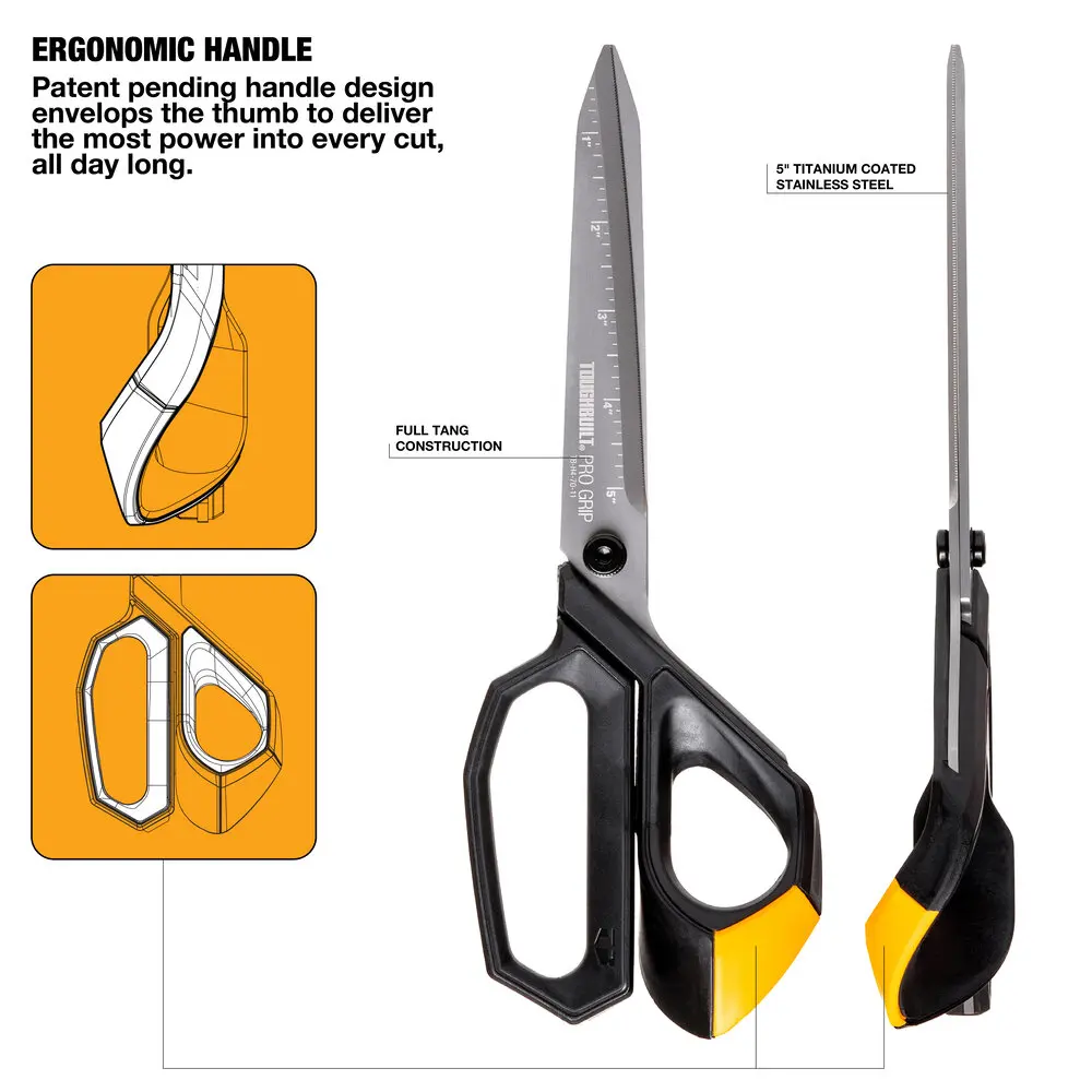 TOUGHBUILT TB-H4-70-11 Pro Grip Shears 11in Caonstruction Industrial Strength Scissors 5″ Titanium Coated Stainless Steel Blade