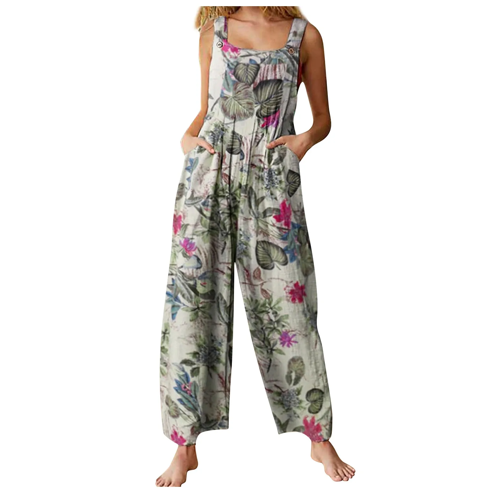 

Women'S Printed Jumpsuits Summer Causal Fashion Retro Floral Printed Jumpsuits With Pockets Loose Button Camisole Jumpsuits