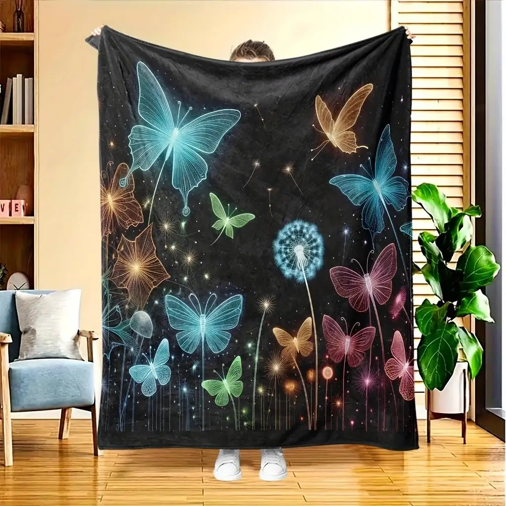 Neon Colorful Butterfly Dandelion Pattern Flannel Blanket Warm Cozy Printed Throw Blanket for Living Room Bedroom Travel
