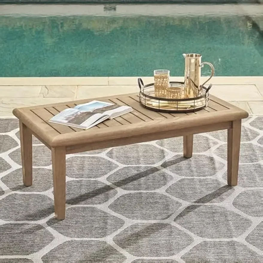 Slat Top Coffee Table, Gerianne Outdoor Rectangular Eucalyptus Wood Beige