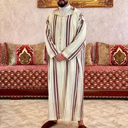 Abaya Listrada Longa para Homens Muçulmanos, Eid, Jubba Thobe, Caftan Saudita e Islâmico, Islã, Dubai, Árabe, Marrocos, Jalabiya, Ramadã, Verão, 2024