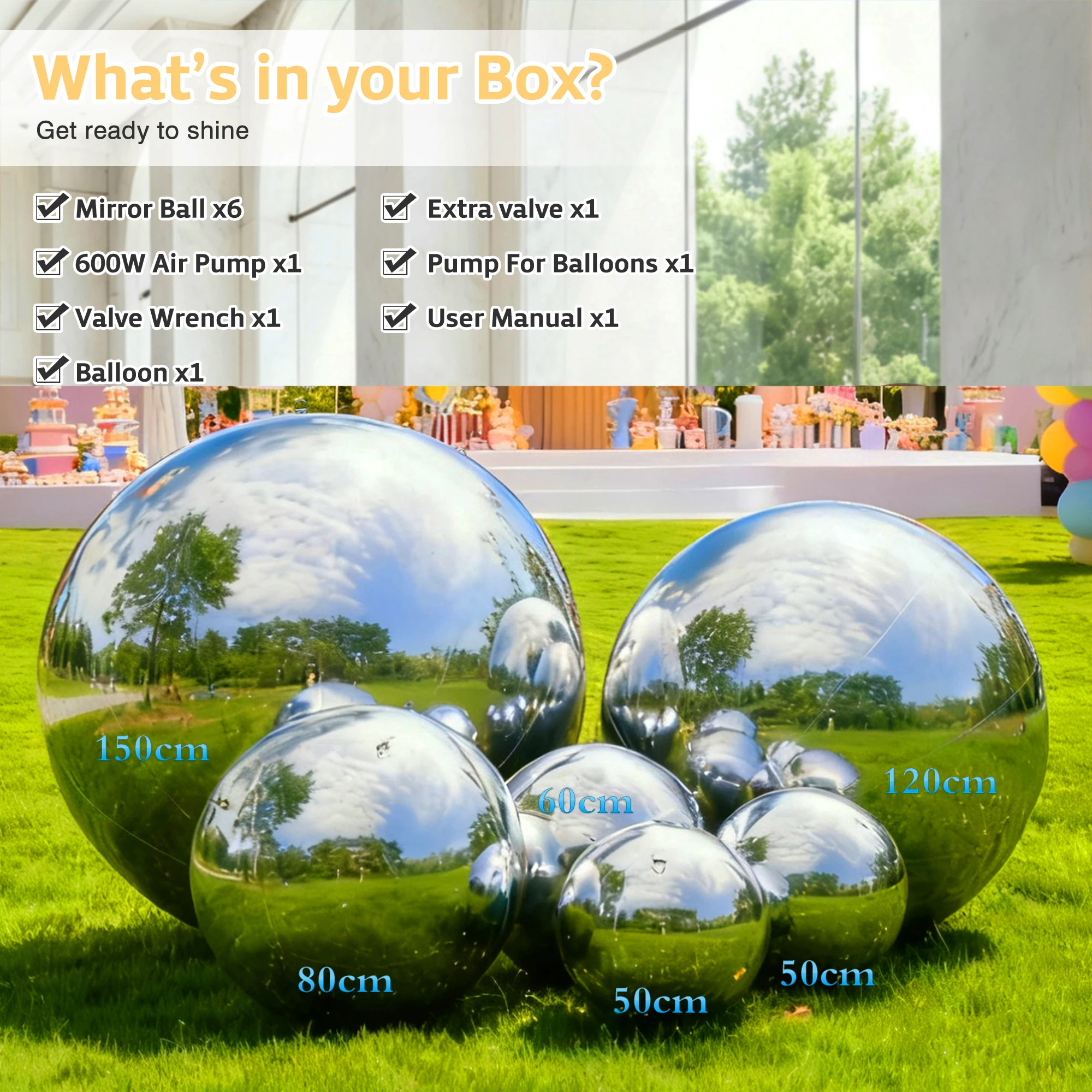 Nairbag Srebrna Dmuchana Kula Lustrzana Pływająca Duża Błyszcząca Kula Dwuwarstwowa PVC Złota Balonowa Kula Lustrzana na Dekoracje Świąteczne