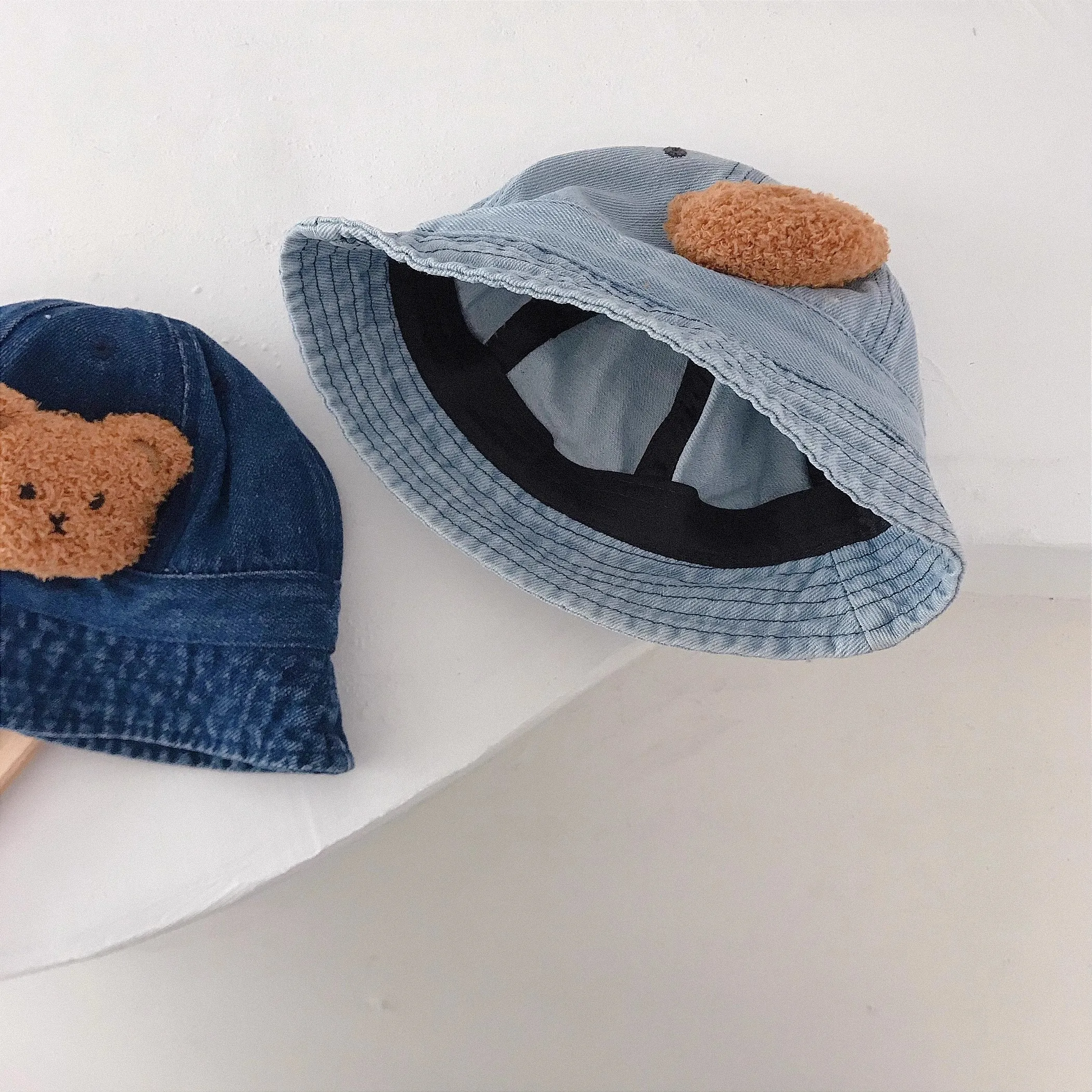 Autumn Toddler Baby Denim Bucket Cap Cartoon Bear Boys Girls Fisherman Hat Solid Windproof Foldable Kids Sunshade Hat