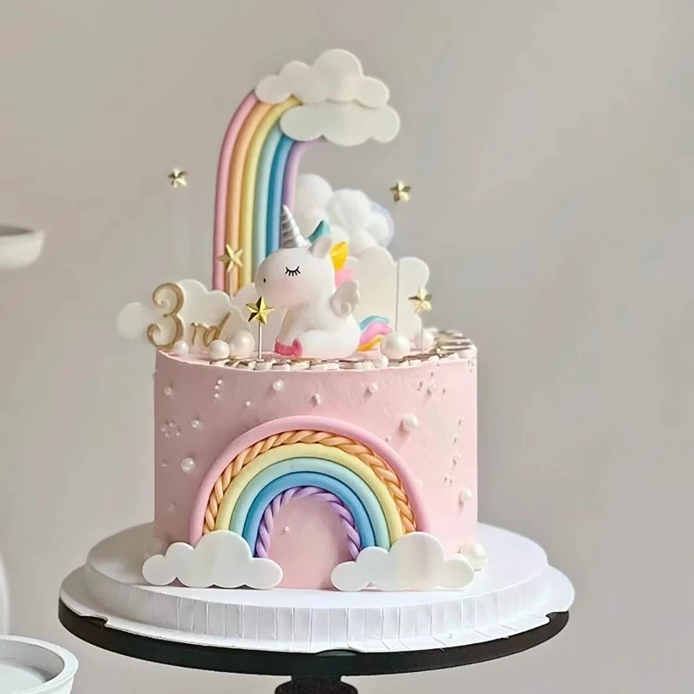 9 pcs unicorn rainbow cake topper unicorn with rainbow clouds stars Happy birthday cake decorations for girls one year old party