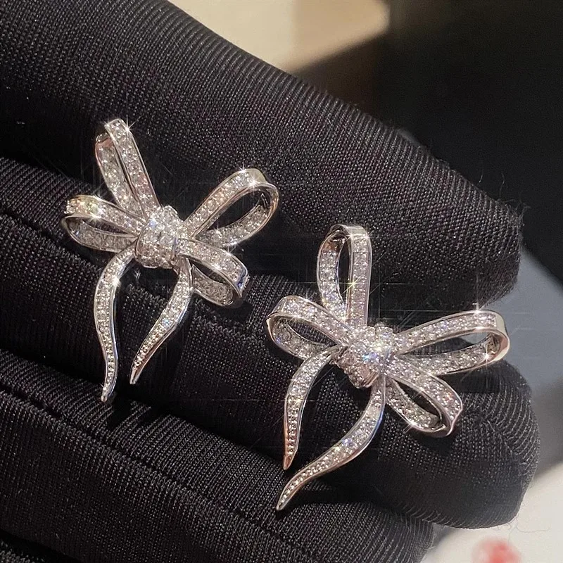 925 فضة القوس الكبير وأقراط الأزياء تألق الأقراط للنساء كريستال مكعب الزركون رومانسية مجوهرات نسائية