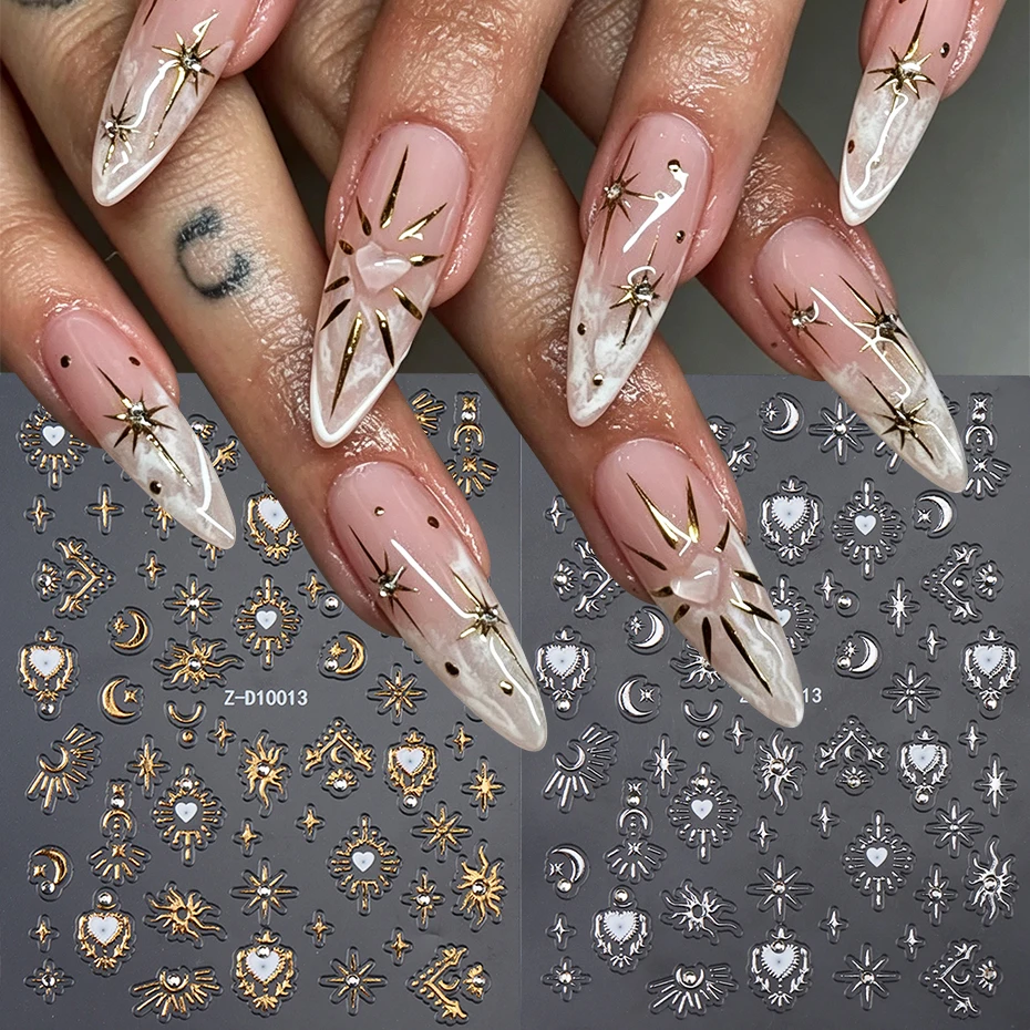 2 Stück Goldene Silberne Sternen-Nagelaufkleber Geprägte 3D-Strass Vintage Mond Stern Herz Sonne Metallische Nagelsticker Zubehör