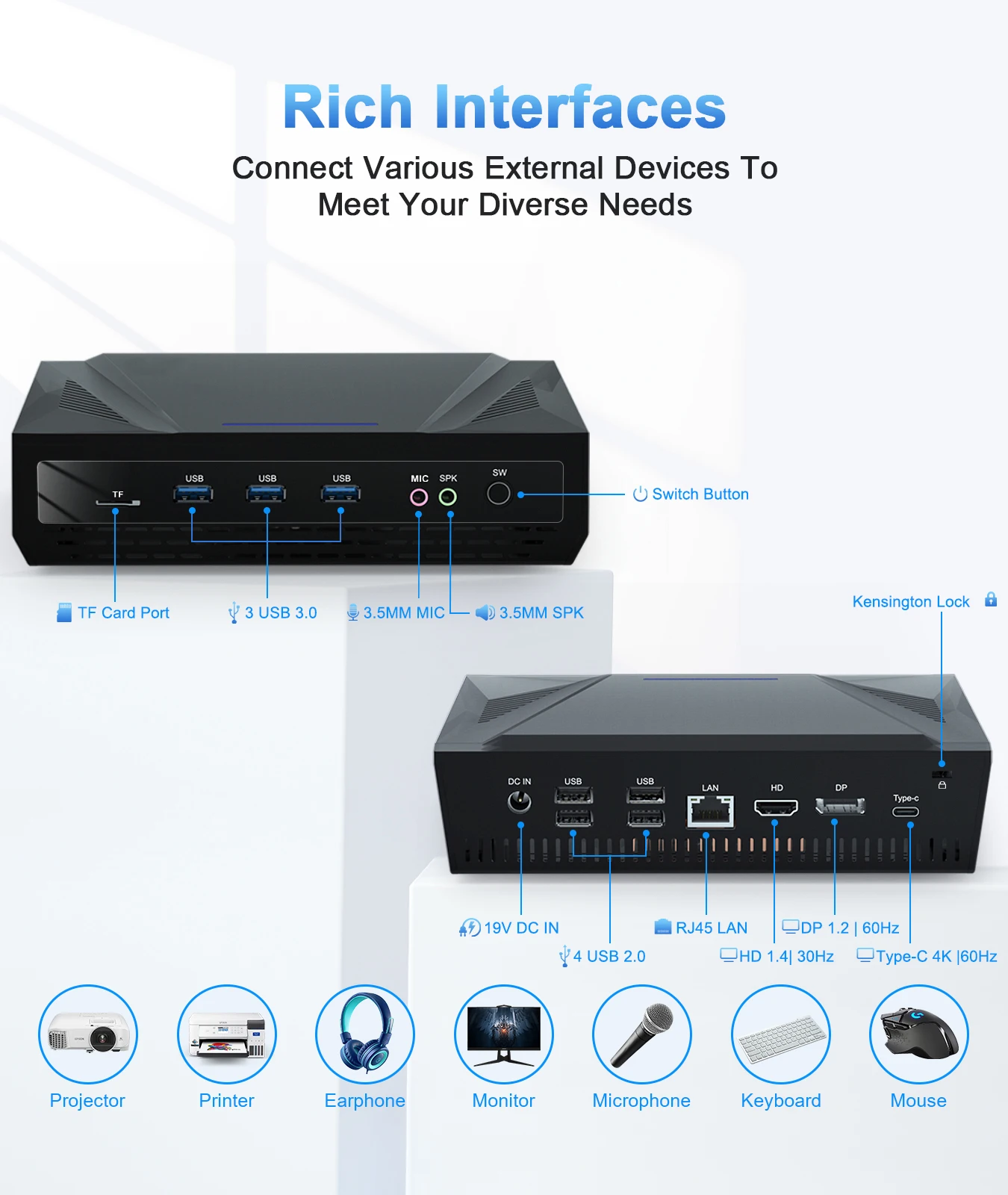 كمبيوتر مكتبي صغير مكتبي Intel Core i9-9880H DDR4 RAM تصنيع شاشة ثلاثية للأعمال والألعاب Tpye-C RJ45 DC HD