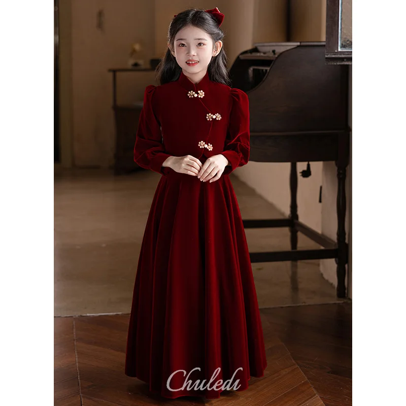 Flower Girls Dresses Velvet Burgundy Floral Shawl Jacket Long Sleeve Bridesmaid Dresses