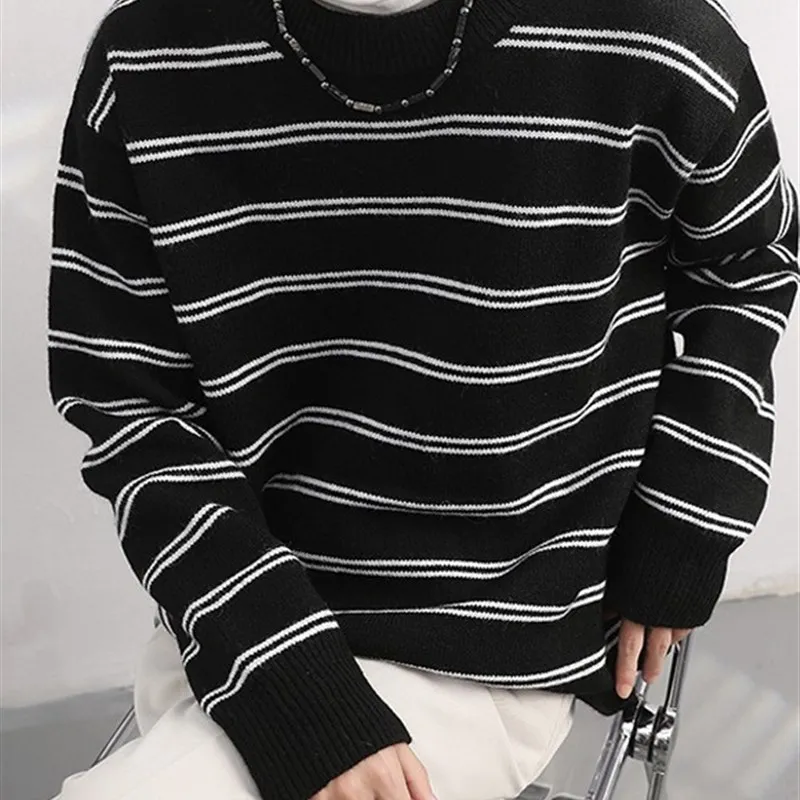 

ex Autumn Winter Polar Fce Striped Knitwear Loose Fit Korean Sle Casual Long Sve round Ne Warm Thermal Top