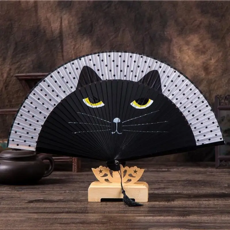 Summer Bamboo Folding Fan Adorable Cat Pattern Portable Hand Fan Lightweight for Outdoor Camping Hiking Commute Use